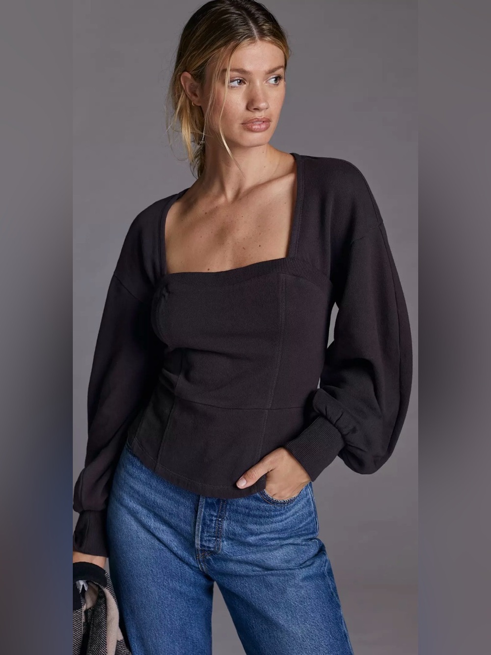 Maeve Seamed Puff-Sleeved Sweatshirt Women's Square Neck Small Charcoal